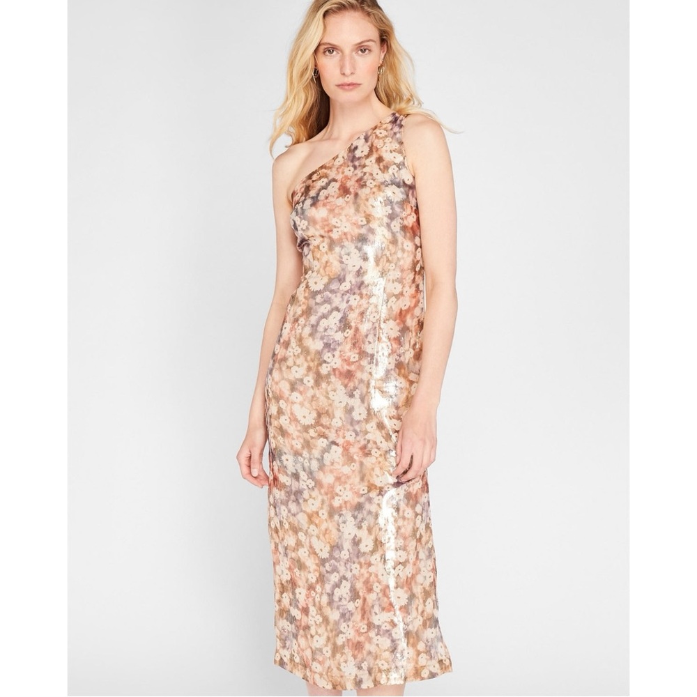 NWT Club Monaco Sunset Shimmer Metallic One Shoulder Floral Silk Midi Dress